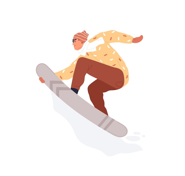 Happy man riding snowboard. snowboarder jumping up and holding\
snow board with hand. extreme winter sport. flat vector\
illustration of person during snowboarding isolated on white\
background.