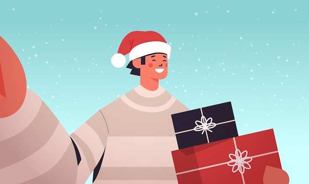 Happy man in santa hat holding camera and taking selfie guy with gifts celebrating new year christmas holidays horizontal portrait vector illustration