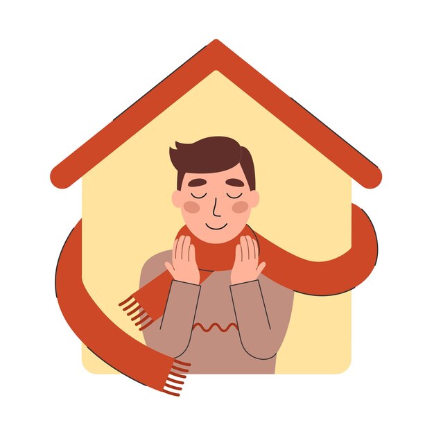 Happy man in a scarf on the background of his house. Cozy home concept vector illustration