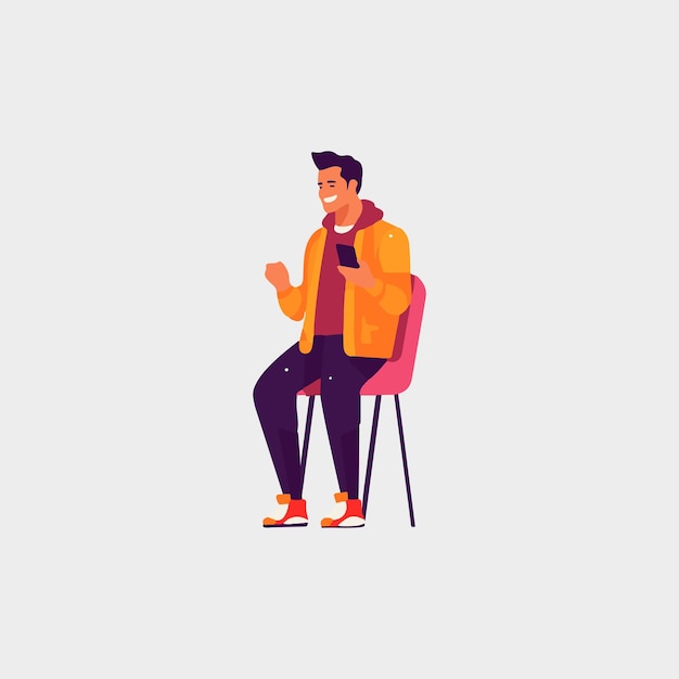 Vector happy man sitting on bench using cell phone