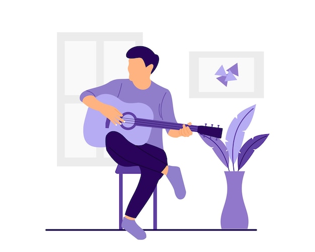 Vector happy man sitting playing guitar and singing