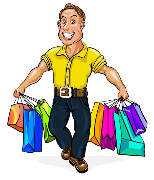 Happy man spectacled with packages in hand. Vector illustration