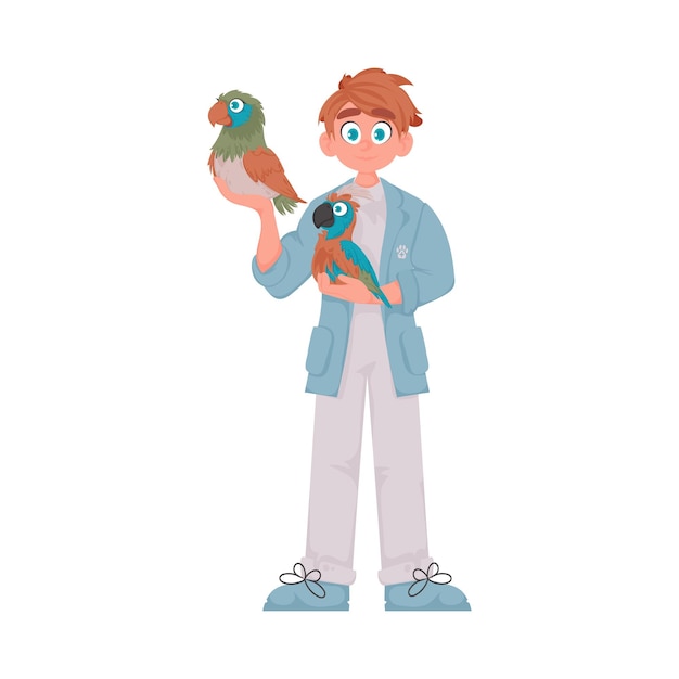 A happy man takes care of animals including a big and very smart bird Vector Illustration