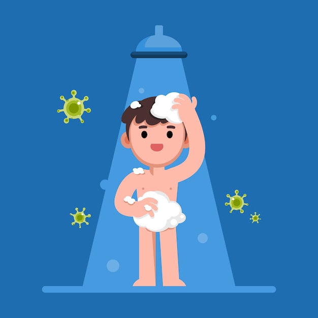 Vector happy man taking shower in the bathroom, protected from virus, flat  illustration.