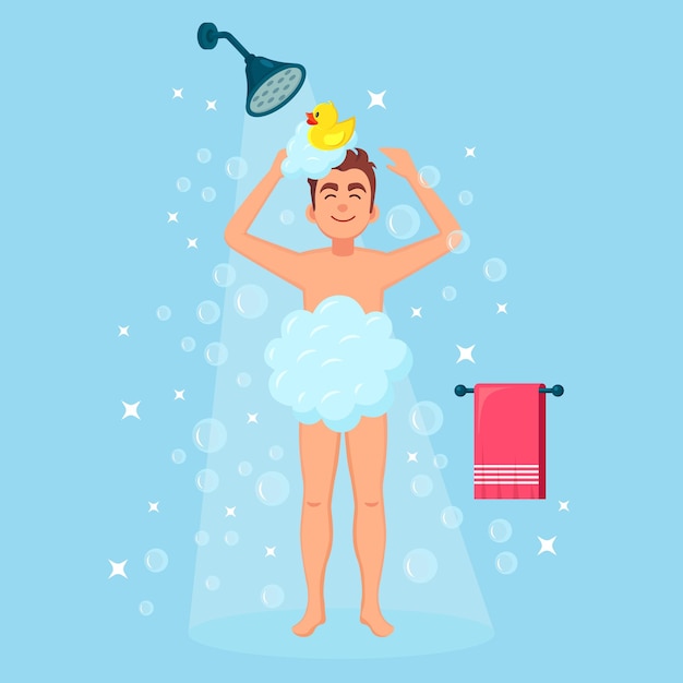 Vector happy man taking shower in bathroom with rubber duck. wash hair, body with shampoo, sponge. hygiene