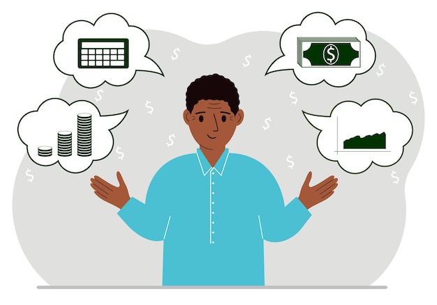 Happy man thinking about finances In my thoughts money calculator charts For posters banners websites Vector flat illustration