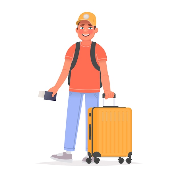 Happy man tourist with luggage and backpack at the airport. Vector illustration in cartoon style