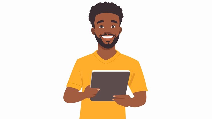 Vector happy man using tablet