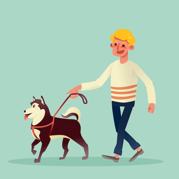 Uomo felice che cammina con il suo cane. illustrazione di cartone animato vettoriale.
