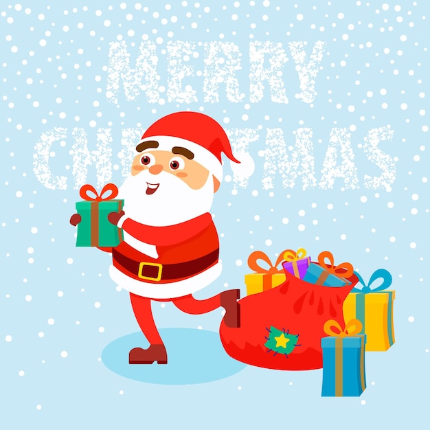 Happy man wearing in Santa Claus clothes with gifts on snow background Merry Christmas concept