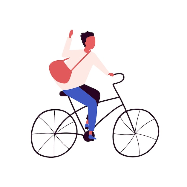 Happy man with bag riding city bicycle vector flat illustration. Positive postman guy on retro bike hand drawn isolated on white background. Handsome delivery male bicyclist.