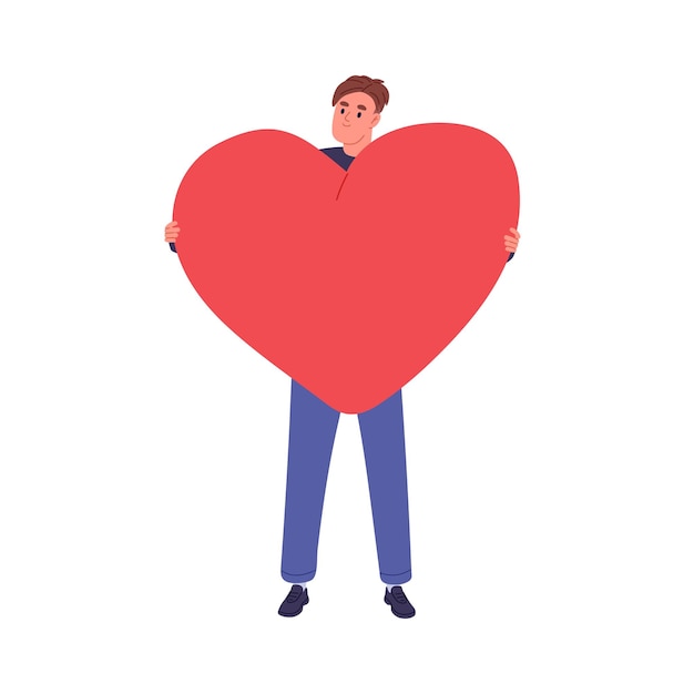 Happy man with big heart in hands guy hugging valentine gift love feeling solidarity charity generosity concept kind generous person flat vector illustration isolated on white background