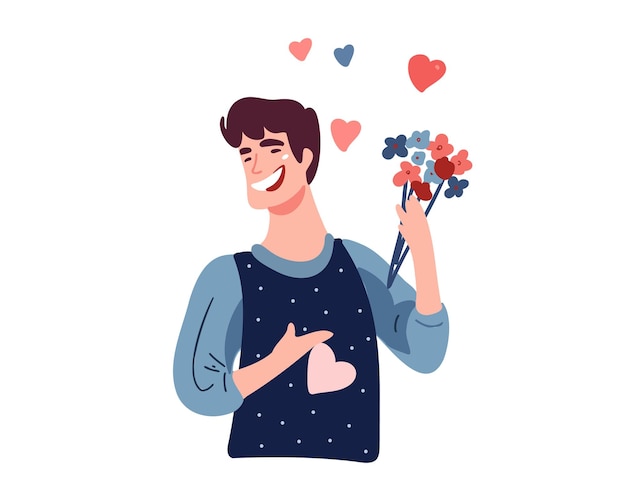 Happy man with a bouquet of flowers vector illustration