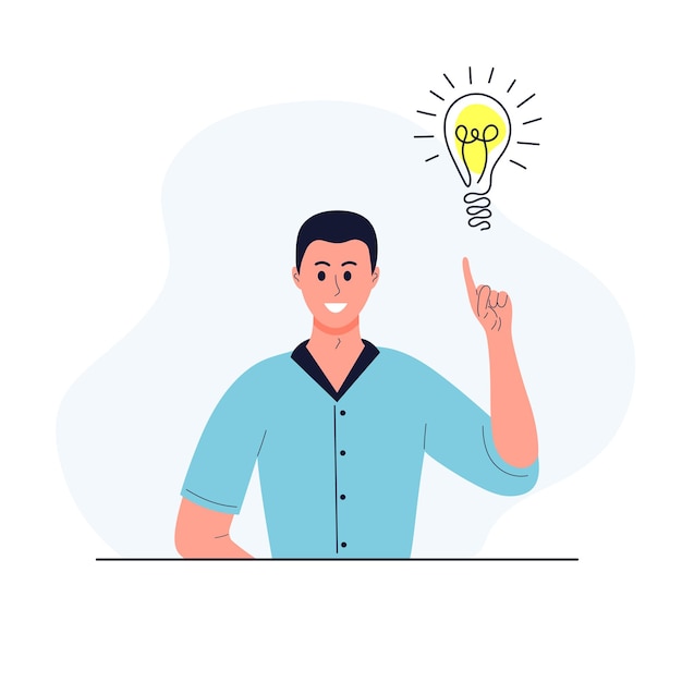 Happy man with bright yellow light bulb businessman find idea solution of the problem