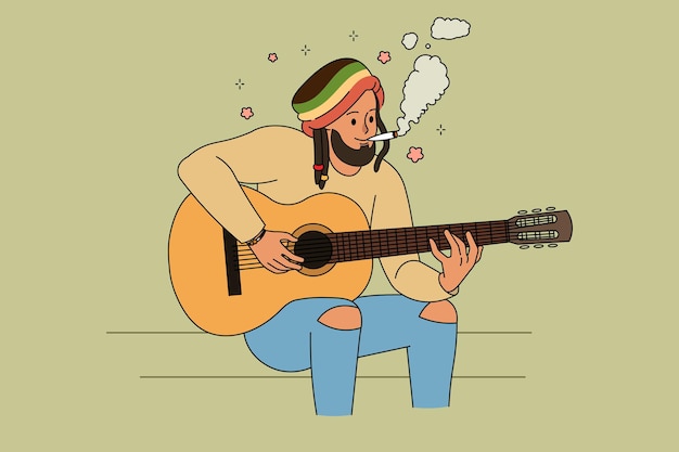 Vector happy man with dreadlock smoking weed