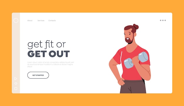 Happy man with dumbbell landing page template. sportsman male\
character workout with weight. bodybuilding exercises, sport\
activity, healthy lifestyle concept. cartoon people vector\
illustration