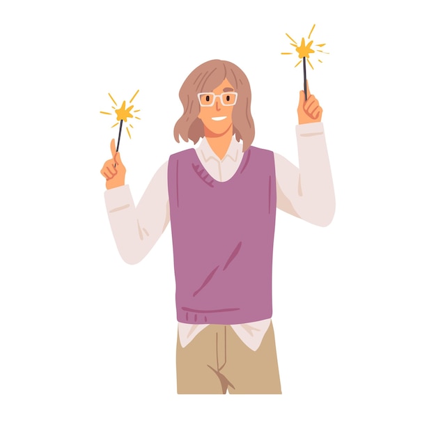 Happy man with festive sparklers in hands, celebrate winter holidays. Office worker holding burning fireworks, bengal lights with sparks. Flat vector illustration isolated on white background.