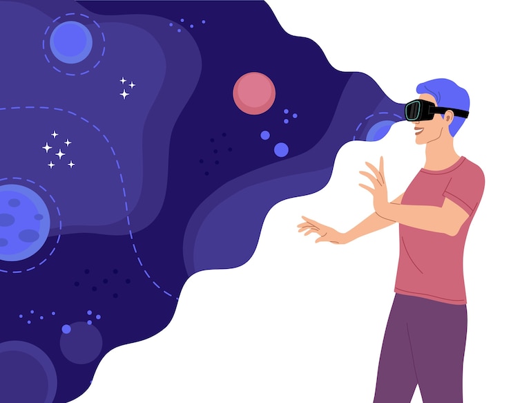 Vector happy man with glasses for virtual reality explores space