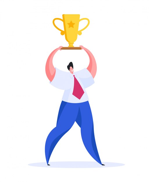 Happy man with golden cup. flat  illustration