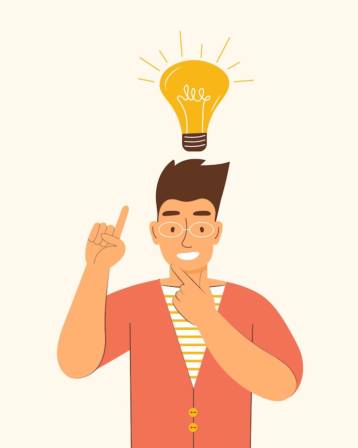 Vector happy man with a light bulb over his head. new creative idea, problem solved, creative thinking, startup, innovation, brainstorming, brain activity, motivation, inspiration. vector flat illustration
