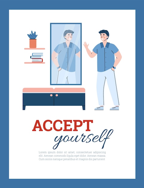 Happy man with positive self assessment acceptance and esteem looks at mirror