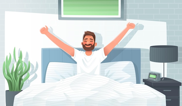 happy man woke up and stretches in bed good morning awakening wake up vector illustration