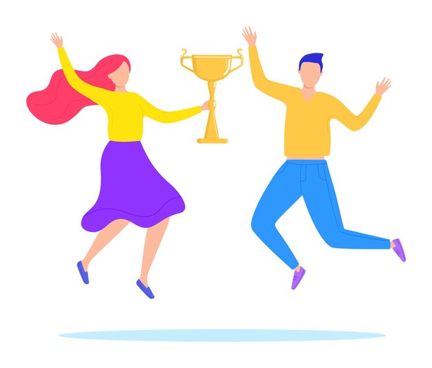 Happy man woman celebrating victory gold trophy cheerful couple jumping happily prize cup