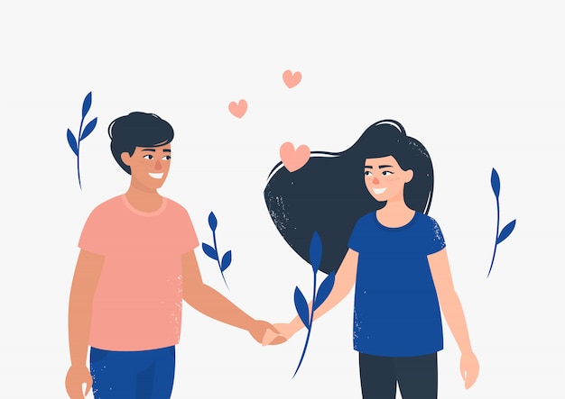 Vector happy man and woman in love hold each other's hands surrounded by flowers