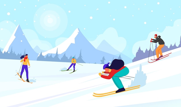 Vector happy man and woman ride skis in alps winter mountain landscape with skiers blue sky tops of rocks on background winter sport activities skiing resort vector illustration