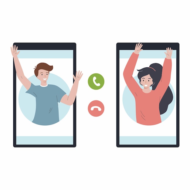 Happy man and woman talking via video link people in smartphone online meeting