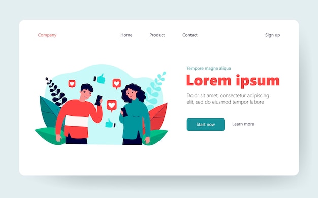 happy man and woman watching likes in social media. smartphone, thumb up, internet flat vector illustration. communication and digital technology concept for banner, website design or landing web page