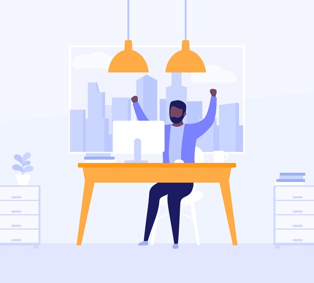 Happy man working in open office space, vector illustration