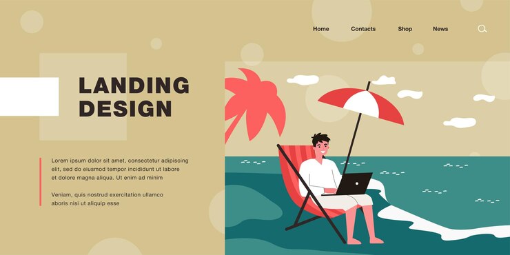 Vector happy man working remotely at beach. worker with laptop sitting on chair by sea flat vector illustration. freelancing, remote work, vacation concept for banner, website design or landing web page