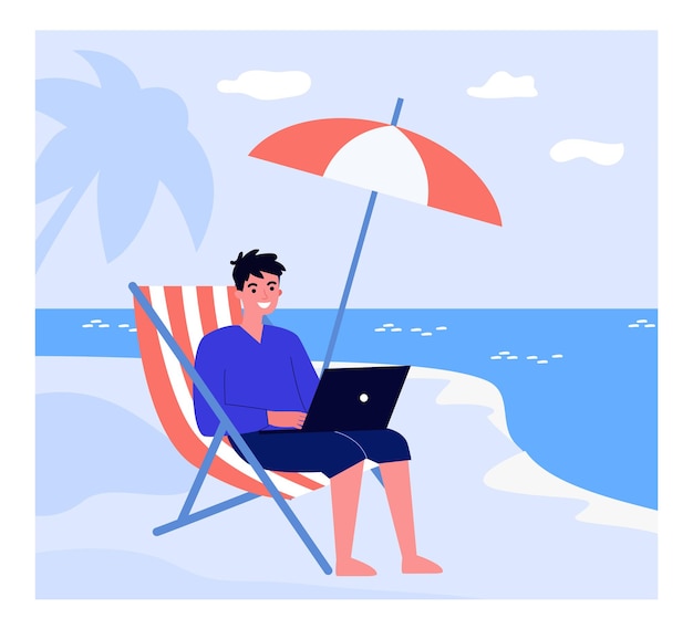 Happy man working remotely at beach