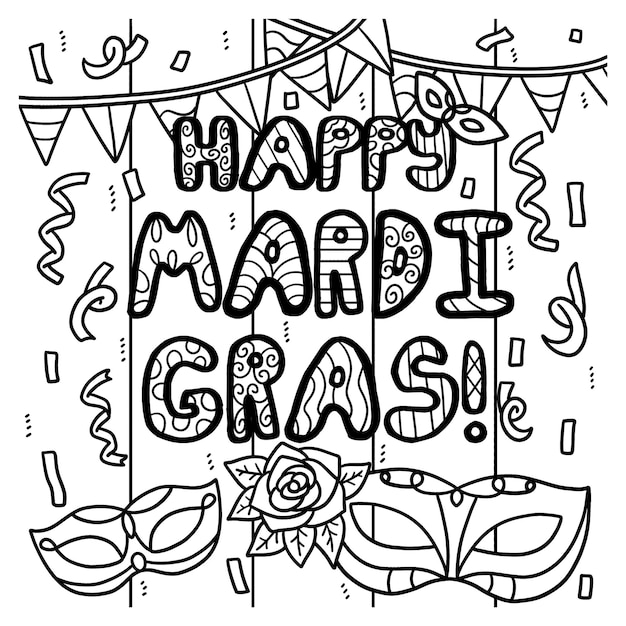 Vector happy mardi gras coloring page for kids