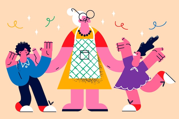 happy mature grandmother have fun play with small grandchildren on weekend. excited little kids children enjoy time with old granny. grandparents love and care. flat vector illustration.