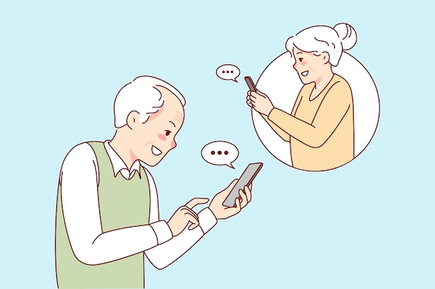 happy mature people message online on mobile