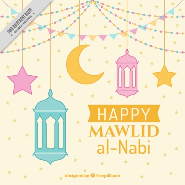 Happy mawlid background with decorative lanterns