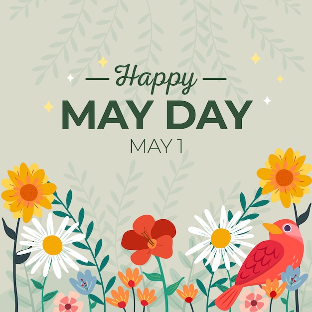 Happy may day background with flowers and bird