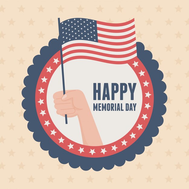 Vector happy memorial day, badge hand with flag insignia american celebration