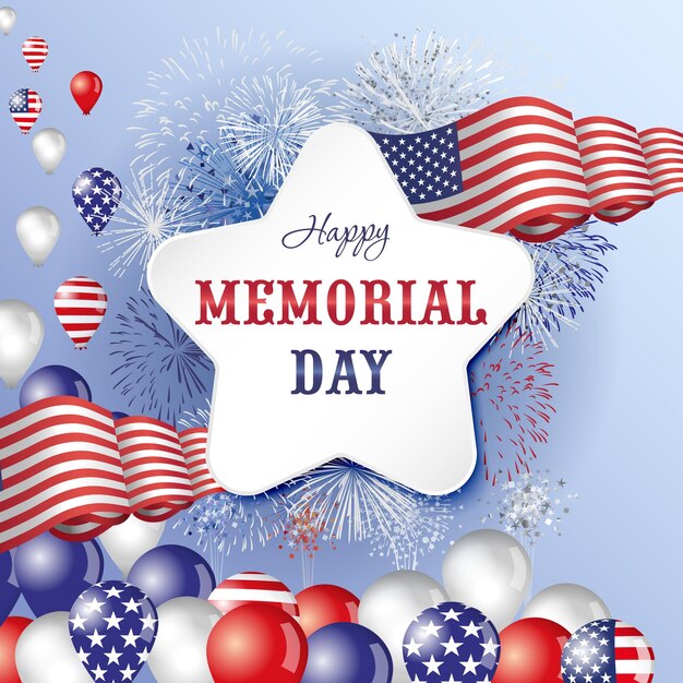 Vector happy memorial day cute greeting card with 3d elements and objects isolated abstract graphic design