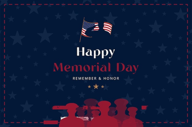 Happy memorial day greeting card with flag and silhouette of\
soldiers national american holiday event flat vector illustration\
eps10