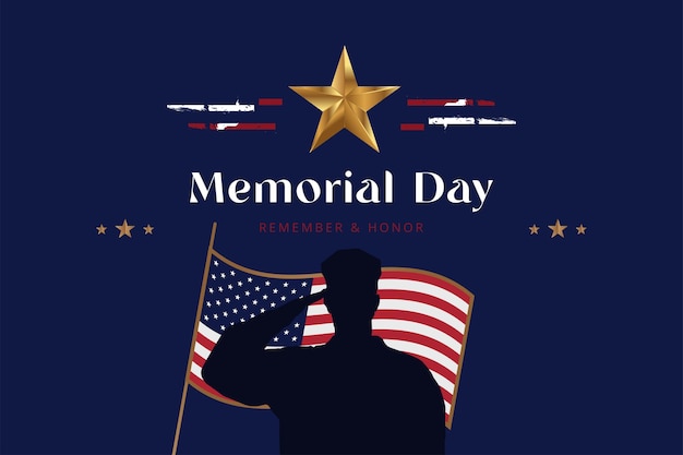 Happy memorial day greeting card with flag and silhouette of soldiers national american holiday event flat vector illustration eps10