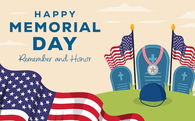 Insegna orizzontale dell'illustrazione felice di memorial day con la tomba di hero39s e le bandiere americane