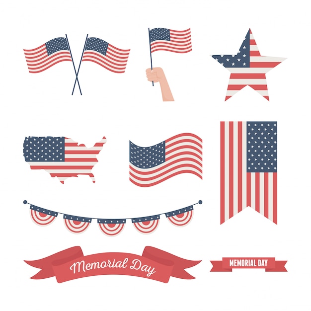 Vector happy memorial day, united states flags different shape icons american celebration