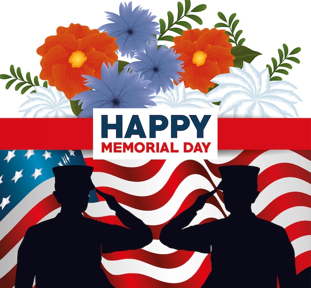 Vector happy memorial day with beautiful flowers and soldier silhouette