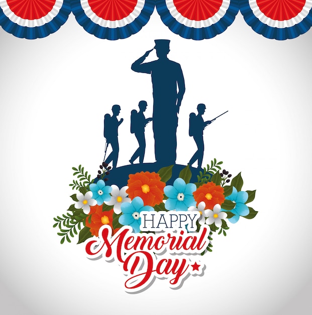 Vector happy memorial day with beautiful flowers and soldier silhouette