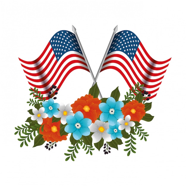 Vector happy memorial day with beautiful flowers and usa flags