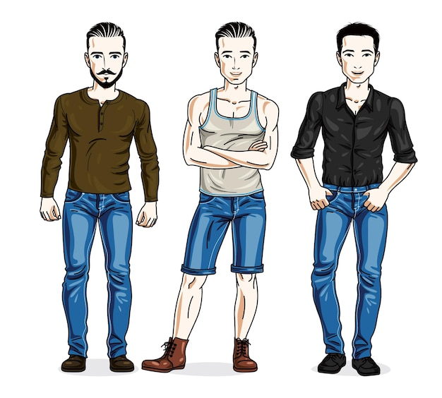 Happy men group standing wearing fashionable casual clothes. Vector people illustrations set. Lifestyle theme male characters.