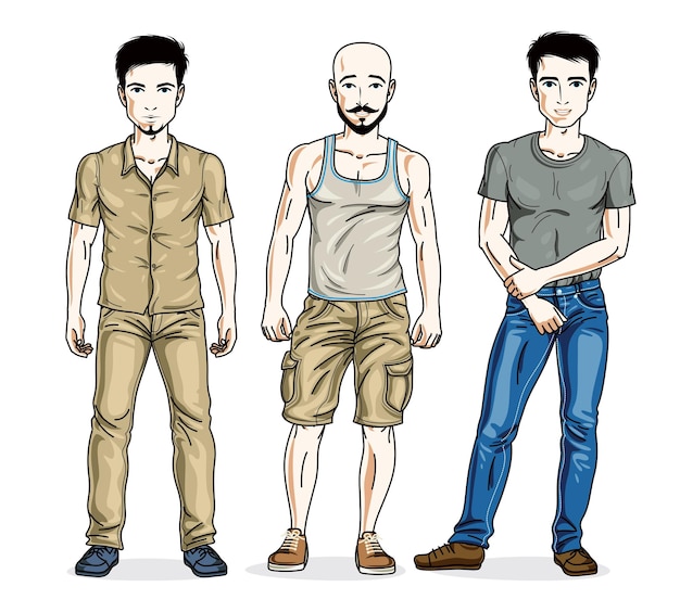 벡터 행복한 남자들은 세련된 캐주얼 옷을 입고 서 있습니다. 벡터 사람 그림을 설정합니다.